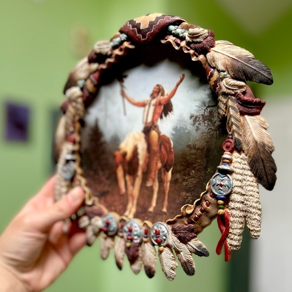 Vintage Native American Tribal Frame & Plate Wall Hanging Bohemian Art Decor - Picture 2 of 5